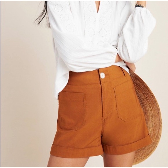 Anthropologie Pants - Anthropologie Megan Cargo Utility Shorts Brown High Rise Linen Blend Pockets 29